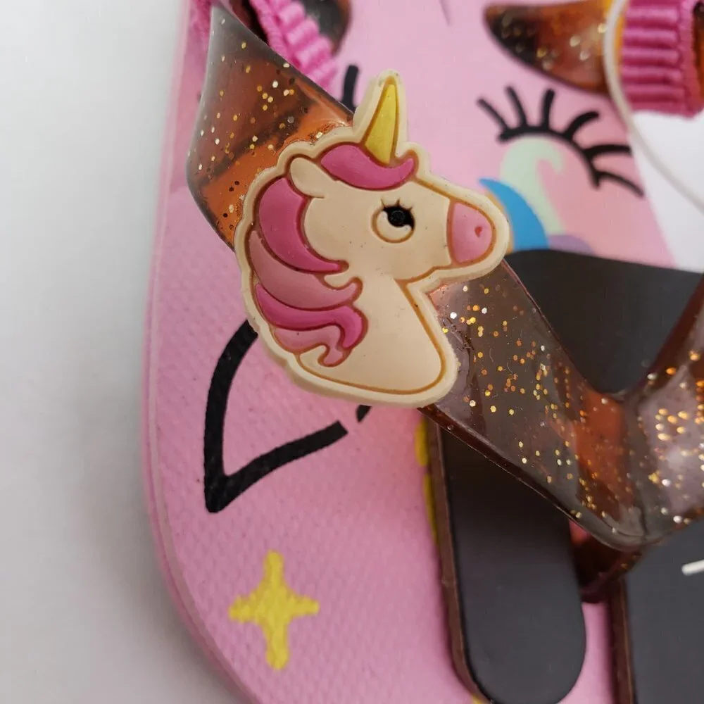 Nicole Miller New York Baby Girls Sz 6 Pink Unicorn Back Strap Flip Flop Sandals